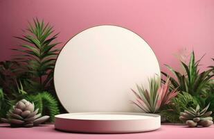 AI generated image of a round white plate sitting on top of plants photo
