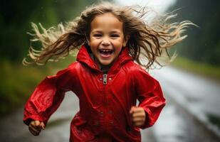 ai generado contento pequeño niña en rojo corriendo mediante el lluvia contento foto