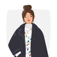 Handsome girl avatar with cute messy bun. Nice young adult woman portrait in winter coat. Female character in american traditional ugly sweater. Fashion hand drawn flat vector illustration isolated