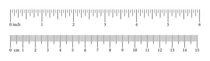 Set of scale with 6 inch, 15 centimeter with markup and numbers. Measuring charts of metric, imperial units. Collection of distance, height, length measurement tool templates. Sewing tool. Vector. vector