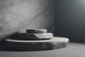 AI generated Stone podium for products, product presentation platform. Dark background, in a dark key. AI generated. photo
