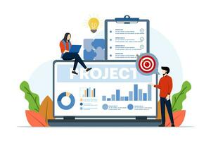 Project management concept. Strategy, motivation and successful leadership. Analysis and development of online marketing. Modern flat cartoon style. Vector illustration on white background.