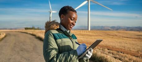 AI generated Focus on a woman, outside in winter, notepad, in the background a wind turbine station. Energy shortage during cold weather without wind, production stopped. Generative AI used. photo