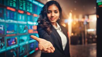 AI generated Confident businesswoman with an outstretched hand, stock market backdrop. Generative AI tool used. photo