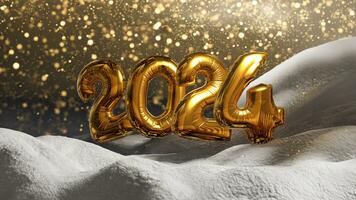 AI generated Golden balloons forming the number 2024 on a snowy background. Generative AI used. photo