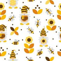 Vector seamless pattern with flying cartoon bees and gnomes on white background. Illustration for magazine, book, poster, card, web pages.