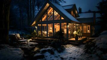 ai generado noche ver de acogedor cabaña en Nevado bosque. Navidad y nuevo año concepto foto