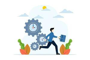 time management concept, office worker character running with clock and gears. Time limits and peak hours. Time organization efficiency. deadlines. Good business processes. office entry limit. vector