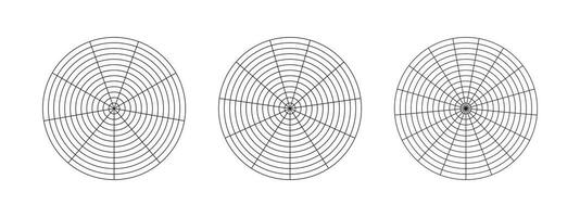 Wheel of life templates. Circle diagrams of life style balance. Coaching tool for visualizing all areas of life. Polar grid with segments, concentric circles. Blank of polar graph paper. Vector icons.