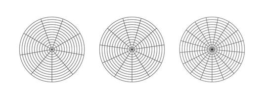 rueda de vida plantillas. circulo diagramas de vida estilo balance. entrenamiento herramienta para visualizante todas areas de vida. polar cuadrícula con segmentos, concéntrico círculos blanco de polar grafico papel. vector iconos