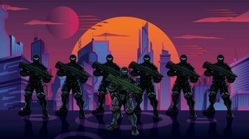 Futuristic Soldier Squad in City vector