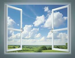 ai generado abrazando naturaleza panorámico ver de un rural verano campo mediante un abrió ventana, trayendo el belleza de el al aire libre adentro. foto