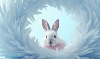 AI generated cute bunny is peeking out of a white hole photo