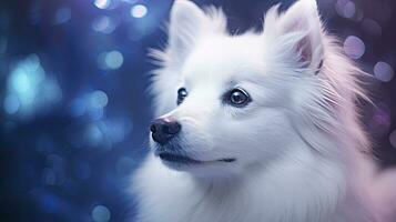 AI generated Close Up Capture of a White Dog with Blue Iridescent Tones, Embracing Dark Romantic Style, Glitter, Bokeh, and a Minimalist Approach. photo