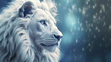 AI generated A White Lion Captured in Blue Iridescent Hues, Dark Romantic Style, Close-Up Shots, Featuring Glitter, Bokeh, and a Clean, Minimalist Aesthetic. photo