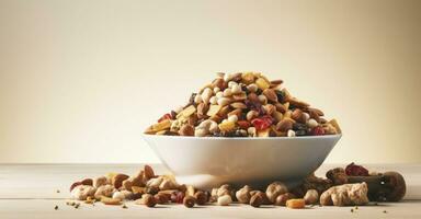AI generated A Bowl of Dog Food Enriched with an Assortment of Nuts and Seeds photo