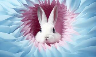 AI generated cute bunny is peeking out of a blue and pink hole photo