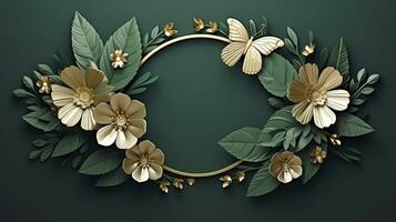 AI generated 3d wreath on green with gold leaves photo