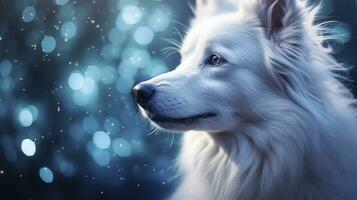 AI generated Close Up Capture of a White Dog with Blue Iridescent Tones, Embracing Dark Romantic Style, Glitter, Bokeh, and a Minimalist Approach. photo