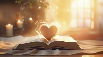 AI generated Book with love symbol on golden background photo