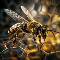 AI generated Nature's Harmony Close-up of a Bee Gracefully Resting on a Honeycomb. photo