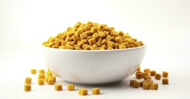 AI generated Real Peanut Butter Sweetened Crunchy Corn Cereal in a Bowl on White Background photo