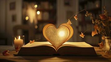 AI generated Book with love symbol on golden background photo