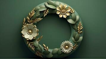 AI generated Flower wreath on green with gold leaves photo