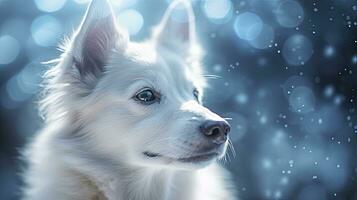 AI generated Close Up Capture of a White Dog with Blue Iridescent Tones, Embracing Dark Romantic Style, Glitter, Bokeh, and a Minimalist Approach. photo