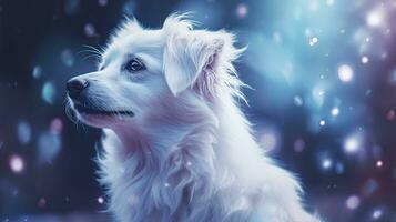 AI generated Close Up Capture of a White Dog with Blue Iridescent Tones, Embracing Dark Romantic Style, Glitter, Bokeh, and a Minimalist Approach. photo