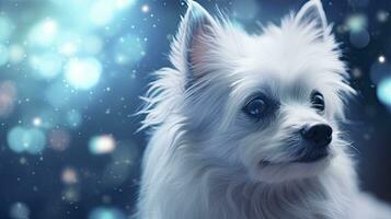 AI generated Close Up Capture of a White Dog with Blue Iridescent Tones, Embracing Dark Romantic Style, Glitter, Bokeh, and a Minimalist Approach. photo