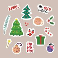 Christmas doodle stickers in retro style colorful illustration. New year celebrations print. vector