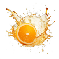 ai generado vibrante naranja jugo chapoteo con Fresco mitades en transparente antecedentes. ai generativo png