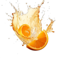 ai generiert beschwingt Orange Saft Spritzen mit frisch Hälften auf transparent Hintergrund. ai generativ png