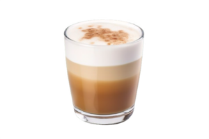 ai gegenereerd gelaagde cappuccino met kaneel stof in een Doorzichtig glas geïsoleerd Aan transparant achtergrond png