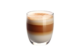 ai generiert geschichtet Cappuccino mit Zimt Staub im ein klar Glas isoliert auf transparent Hintergrund png