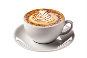 AI generated Artistic Latte Art on Cappuccino in White Cup Isolated on transparent background png