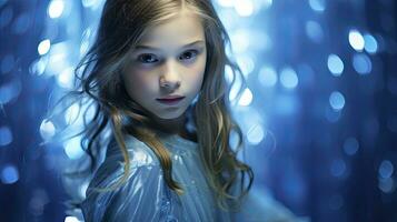 ai generado de cerca foto de un hermosa niña en azul con luces bokeh antecedentes