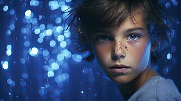 AI generated Little cute boy's portrait with blue lights isolated on blue bokeh background photo