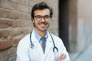 ai generado joven hermoso médico con estetoscopio foto