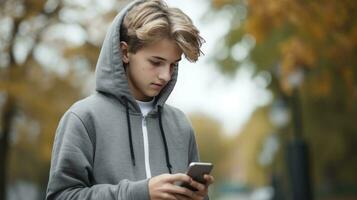 ai generado joven chico hojeada mediante su teléfono foto