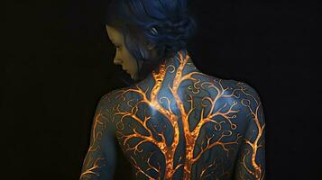 AI generated A Girl Captured in a Photo, Displaying Vibrant Colored Luminous Tattoos on Her Back photo