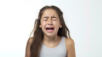 ai generado un pequeño niña llorando en blanco antecedentes foto