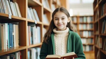 AI generated Little school girl reaches for shelf of childrens books in the bookstore photo