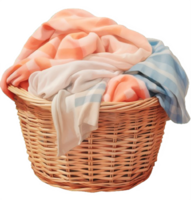 AI generated Wicker Laundry Basket with Colorful Towels Isolated on transparent background png