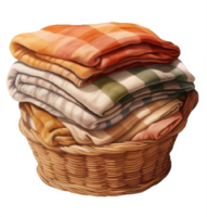 AI generated Wicker Laundry Basket with Colorful Towels Isolated on transparent background png