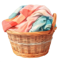 AI generated Wicker Laundry Basket with Colorful Towels Isolated on transparent background png