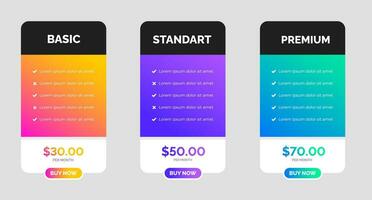 UI UX app pricing chart table Subscription design or website Pricing chart table design template. Product Plan Offer Price Package Subscription Options Comparison Table Chart Infographic Design. vector