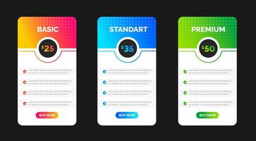 UI UX app pricing chart table Subscription design or website Pricing chart table design template. Product Plan Offer Price Package Subscription Options Comparison Table Chart Infographic Design. vector