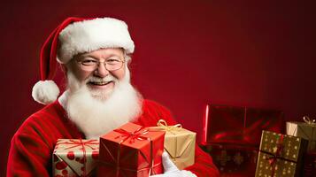 ai generado sonriente Papa Noel claus con regalo cajas en festivo Navidad ropa foto